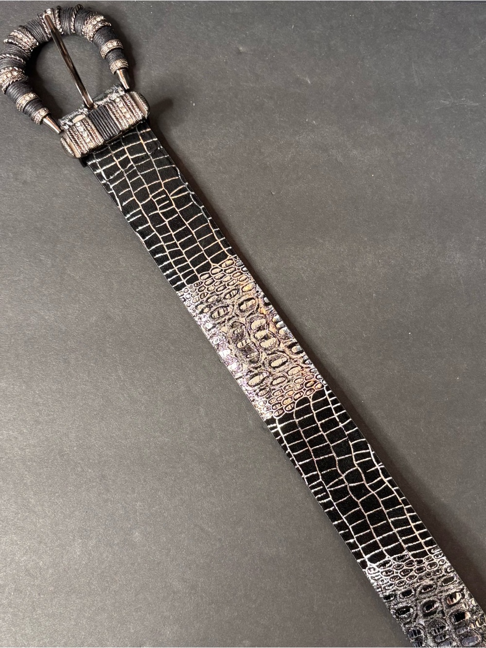 CHICO'S Black Silver Reptile Metal Rhinestone Buckle Womens Belt Sz Large - Picture 6 of 7